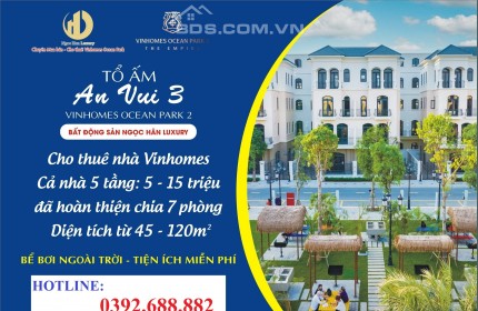 Cho thuê Biệt thự Vinhomes Ocean Park, Hoàn thiện đẹp từng tầng. Giá 6 triệu/ tháng